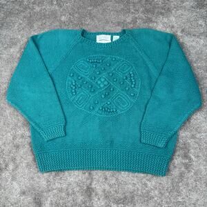 Vtg Teal Textured 3D Knit Sweater Size S Grandma Cottage Hand Knit Cotton Ramie